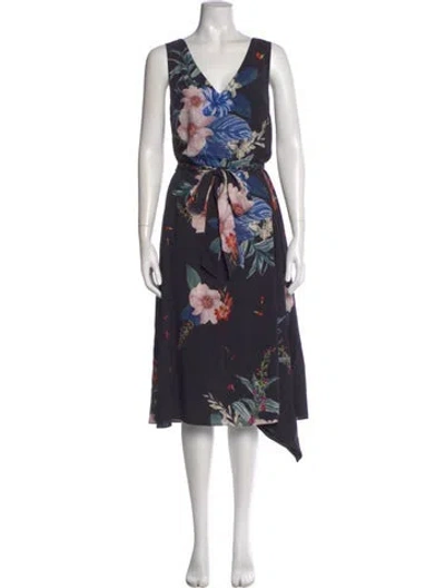 Pre-owned Ted Baker Floral Print Midi Length Dress In Blue