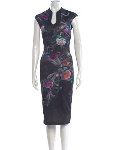 Pre-owned Ted Baker Floral Print Midi Length Dress In Blue
