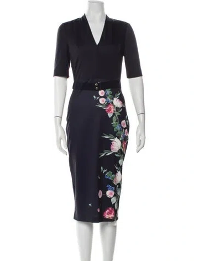 Pre-owned Ted Baker Floral Print Midi Length Dress In Blue