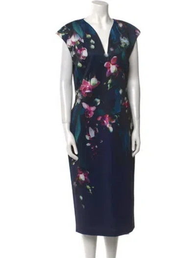 Pre-owned Ted Baker Floral Print Midi Length Dress In Blue
