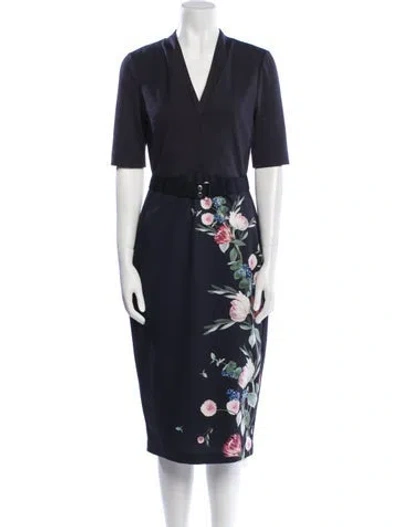 Pre-owned Ted Baker Floral Print Midi Length Dress In Blue