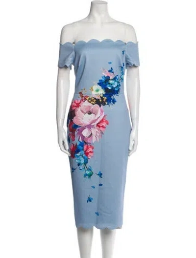 Pre-owned Ted Baker Floral Print Midi Length Dress In Blue