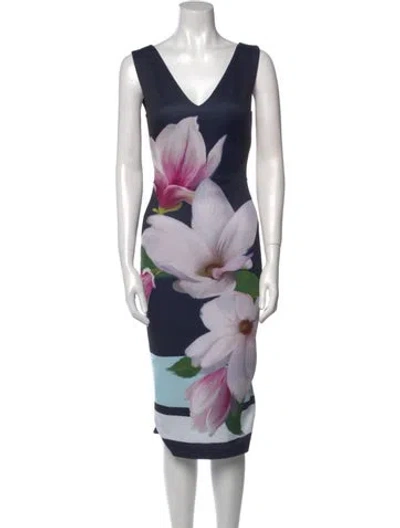 Pre-owned Ted Baker Floral Print Midi Length Dress In Blue