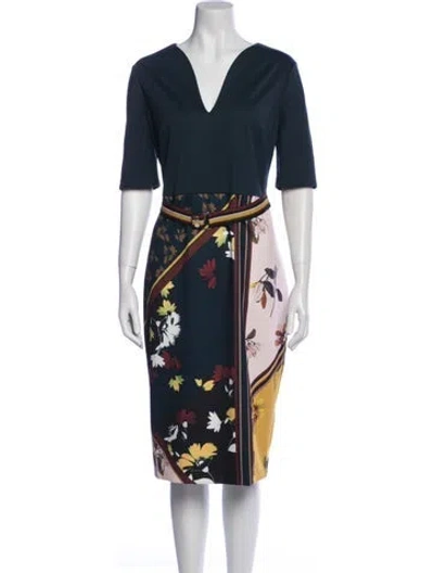 Pre-owned Ted Baker Floral Print Midi Length Dress In Blue