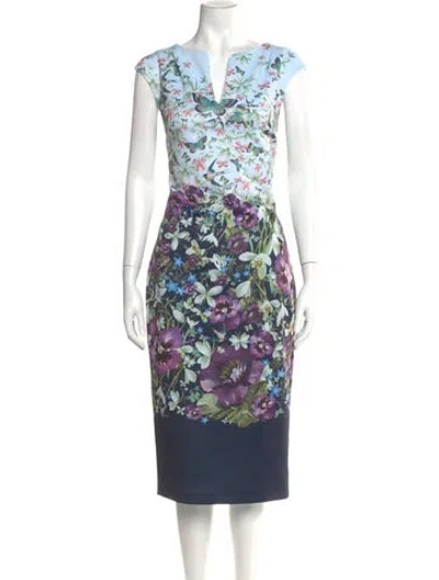 Pre-owned Ted Baker Floral Print Midi Length Dress In Blue