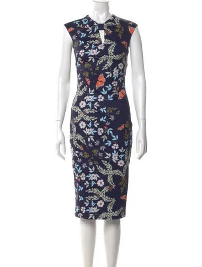 Pre-owned Ted Baker Floral Print Midi Length Dress In Blue