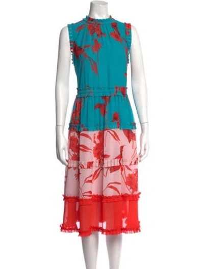 Pre-owned Ted Baker Floral Print Midi Length Dress In Blue/red