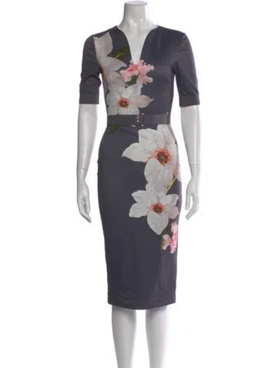 Pre-owned Ted Baker Floral Print Midi Length Dress In Gray