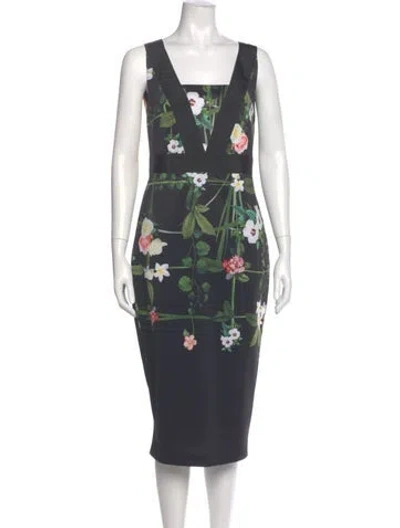 Pre-owned Ted Baker Floral Print Midi Length Dress In Green