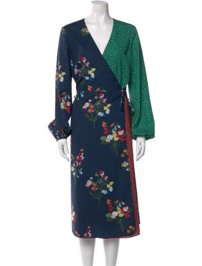 Pre-owned Ted Baker Floral Print Midi Length Dress In Green