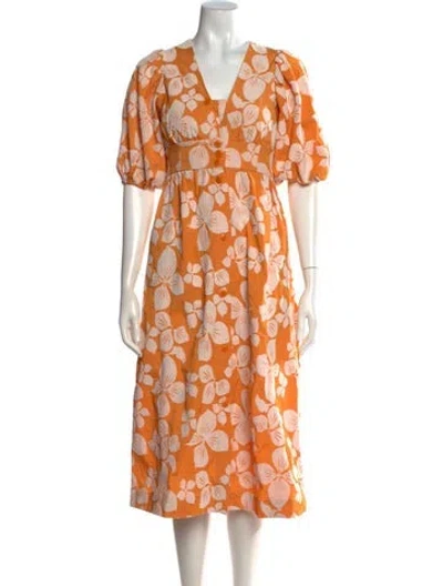 Pre-owned Ted Baker Floral Print Midi Length Dress In Orange