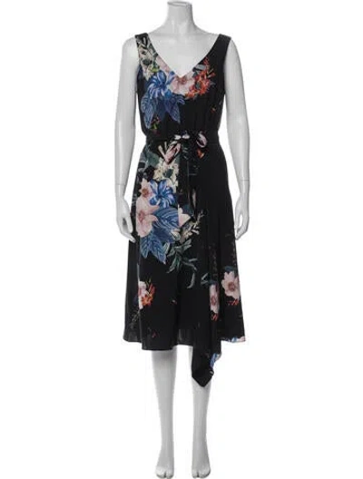 Pre-owned Ted Baker Floral Print Midi Length Dress W/ Tags In Black