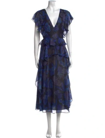 Pre-owned Ted Baker Floral Print Midi Length Dress W/ Tags In Blue
