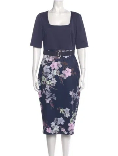 Pre-owned Ted Baker Floral Print Midi Length Dress W/ Tags In Blue