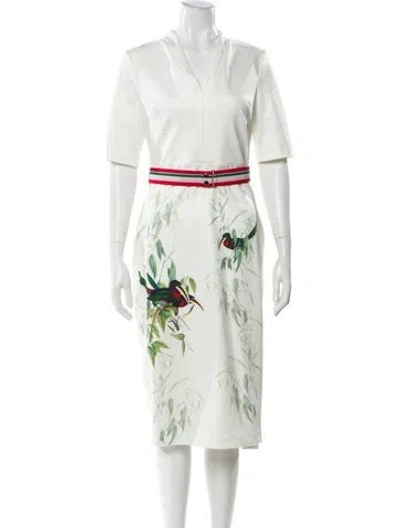Pre-owned Ted Baker Floral Print Midi Length Dress W/ Tags In White