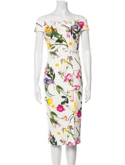 Pre-owned Ted Baker Floral Print Midi Length Dress W/ Tags In White