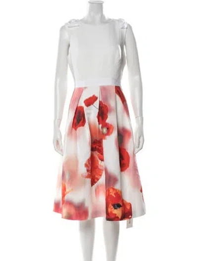 Pre-owned Ted Baker Floral Print Midi Length Dress W/ Tags In White