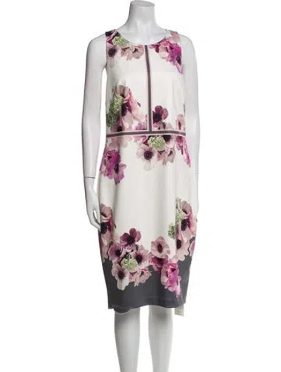 Pre-owned Ted Baker Floral Print Midi Length Dress In White