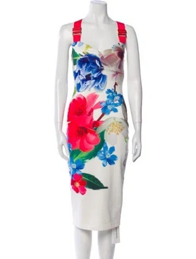 Pre-owned Ted Baker Floral Print Midi Length Dress In White