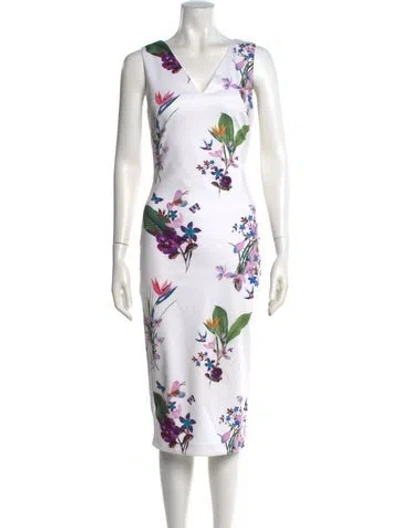 Pre-owned Ted Baker Floral Print Midi Length Dress In White
