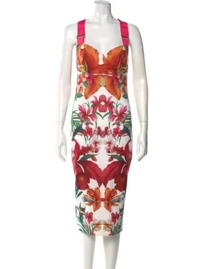 Pre-owned Ted Baker Floral Print Midi Length Dress In White