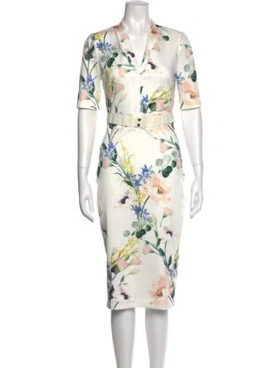 Pre-owned Ted Baker Floral Print Midi Length Dress In White