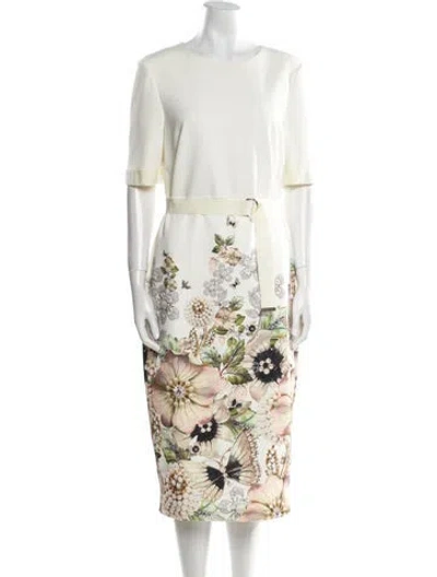 Pre-owned Ted Baker Floral Print Midi Length Dress In White