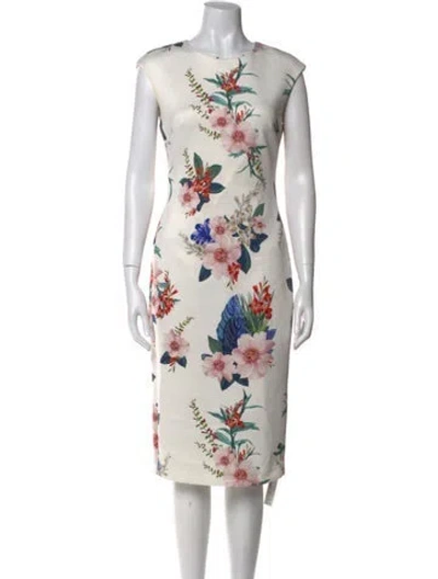 Pre-owned Ted Baker Floral Print Midi Length Dress In White