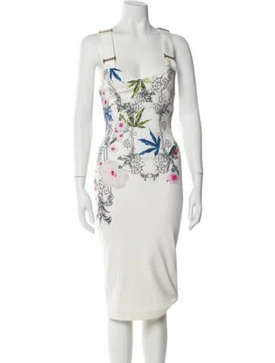 Pre-owned Ted Baker Floral Print Midi Length Dress In White