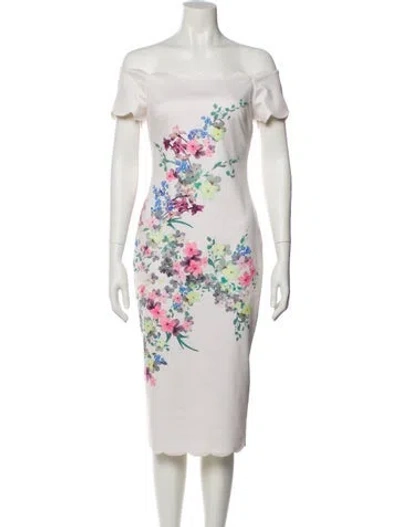 Pre-owned Ted Baker Floral Print Midi Length Dress In White