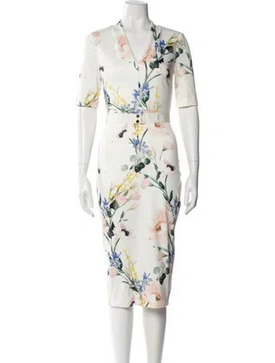 Pre-owned Ted Baker Floral Print Midi Length Dress In White