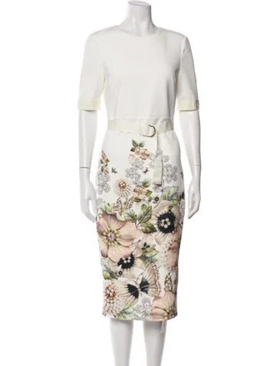 Pre-owned Ted Baker Floral Print Midi Length Dress In White