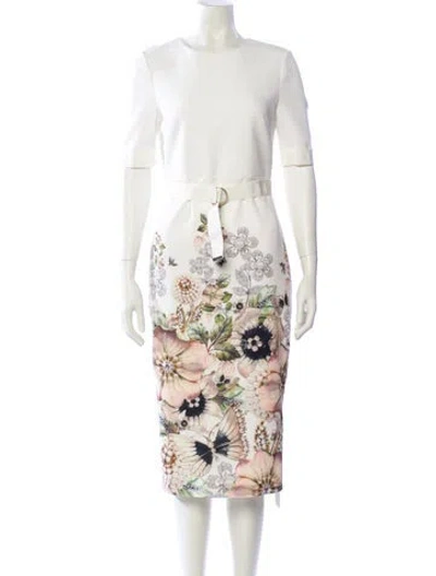 Pre-owned Ted Baker Floral Print Midi Length Dress In White