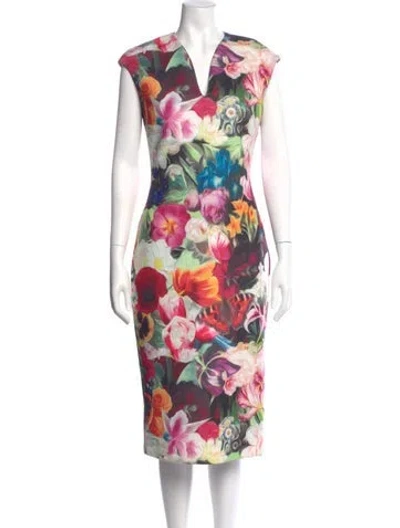 Pre-owned Ted Baker Floral Print Midi Length Dress In White