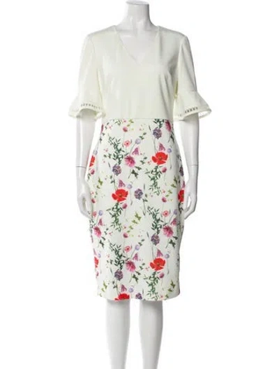 Pre-owned Ted Baker Floral Print Midi Length Dress In White