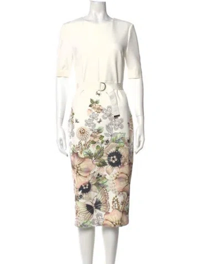Pre-owned Ted Baker Floral Print Midi Length Dress In White