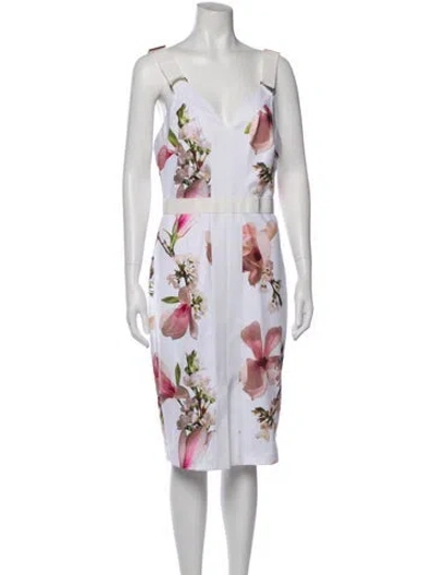 Pre-owned Ted Baker Floral Print Midi Length Dress In White