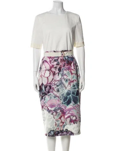 Pre-owned Ted Baker Floral Print Midi Length Dress In White