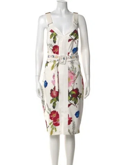 Pre-owned Ted Baker Floral Print Midi Length Dress In White