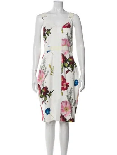 Pre-owned Ted Baker Floral Print Midi Length Dress In White