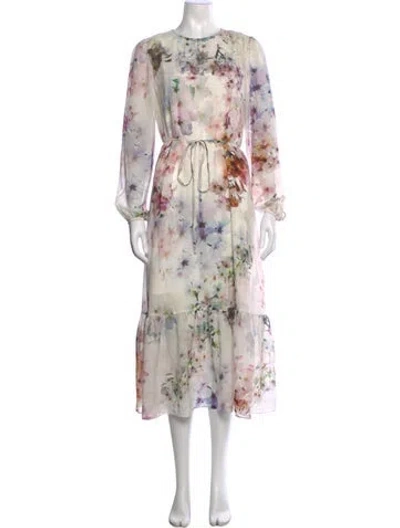 Pre-owned Ted Baker Floral Print Midi Length Dress In White