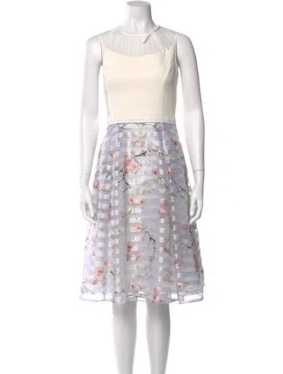 Pre-owned Ted Baker Floral Print Midi Length Dress In White