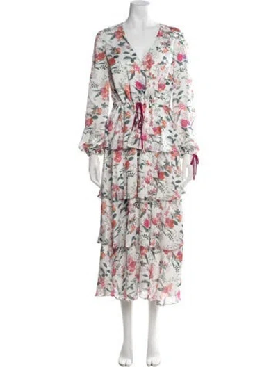 Pre-owned Ted Baker Floral Print Midi Length Dress In White