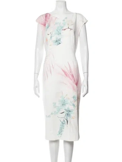 Pre-owned Ted Baker Floral Print Midi Length Dress In White