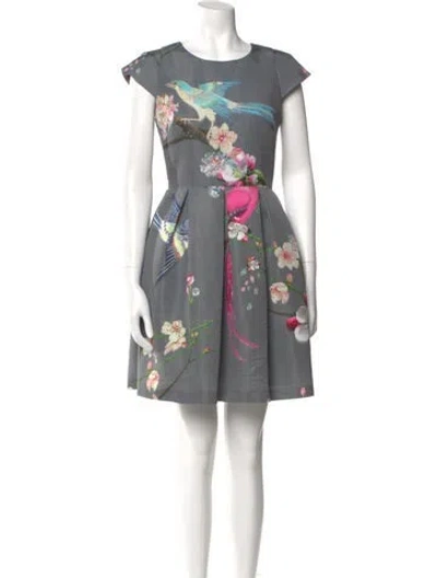 Pre-owned Ted Baker Floral Print Mini Dress In Gray
