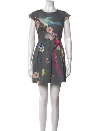 Pre-owned Ted Baker Floral Print Mini Dress In Grey