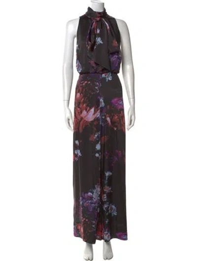 Pre-owned Ted Baker Floral Print Tie Neck Jumpsuit In Black