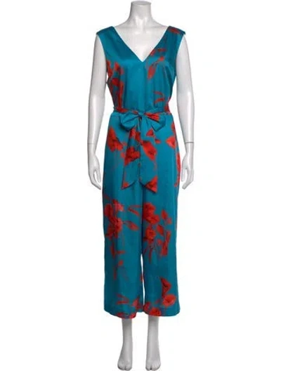 Pre-owned Ted Baker Floral Print V-neck Jumpsuit W/ Tags In Blue