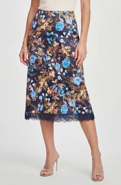 Ted Baker Floral Printed Midi Skirt With Lace Trim In Blue