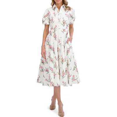 Ted Baker Floral Puff Sleeve Midi Shirtdress In Ultra White